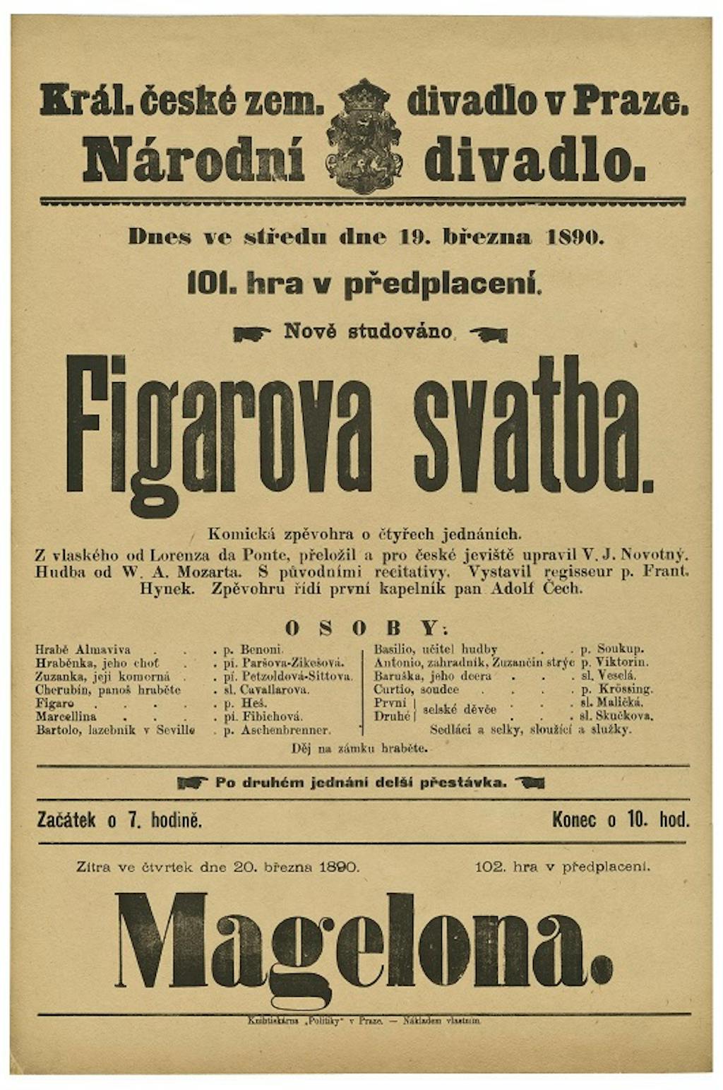 Historická cedule – Figarova svatba, premiéra 19. 3. 1890