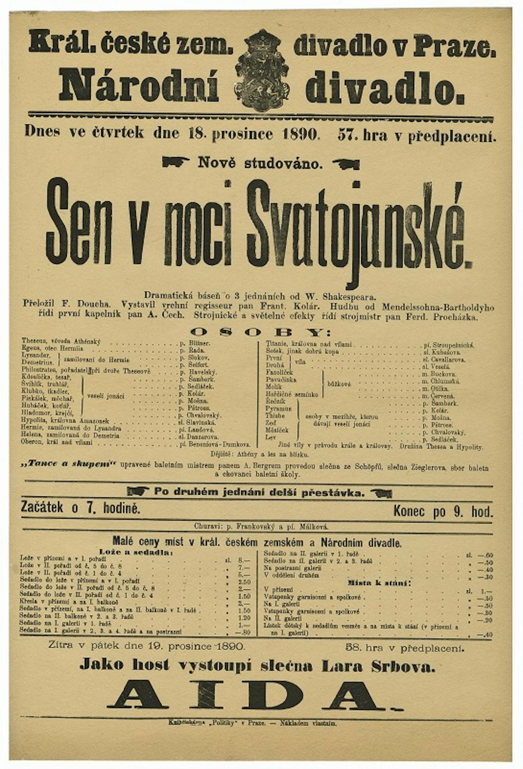 Historická cedule – Sen v noci Svatojanské, premiéra 18. 12. 1890